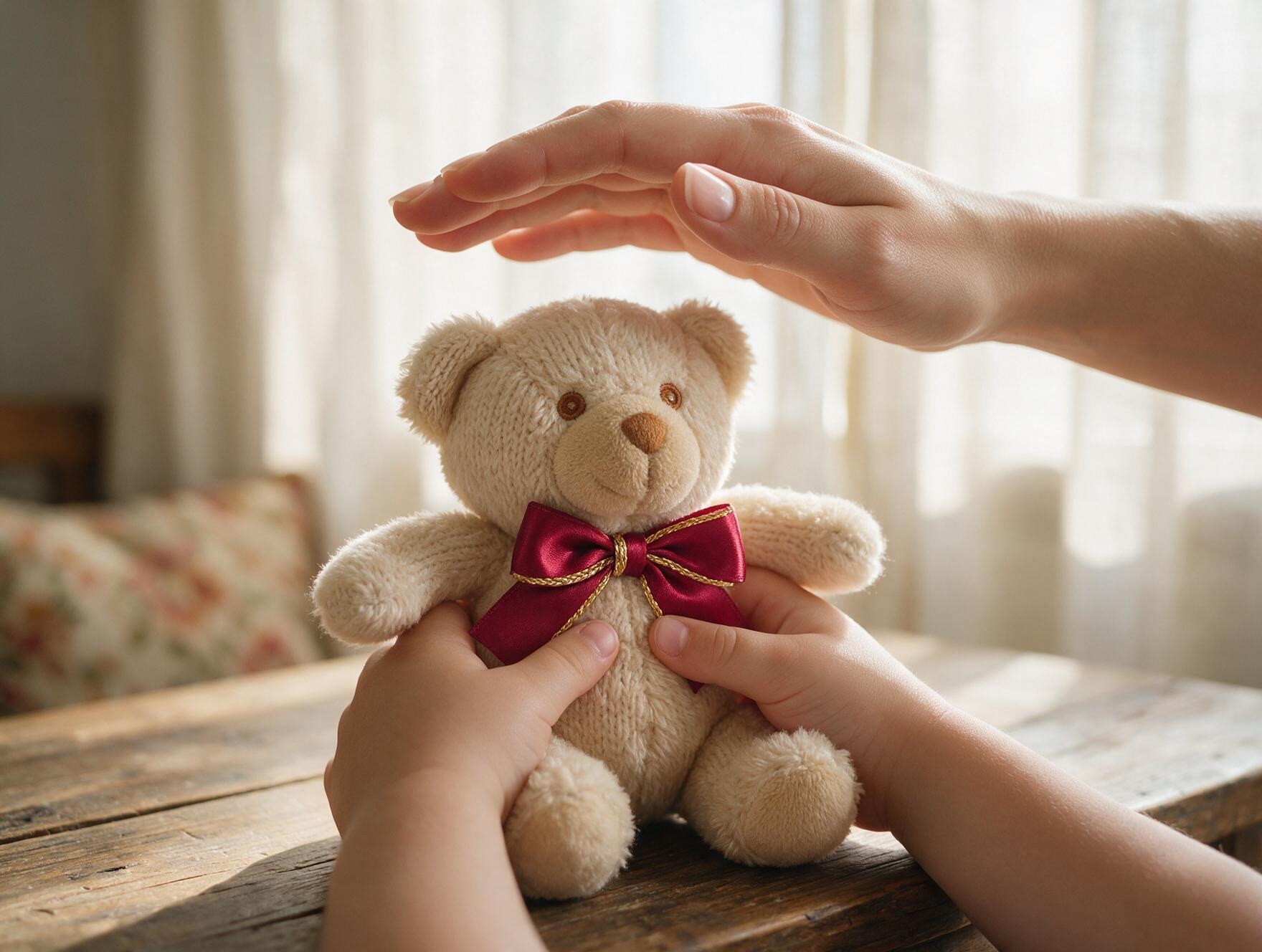 Manos de un niño sujetando un osito de peluche con lazo granate mientras la mano de un adulto lo protege desde arriba (imagen ilustrativa)