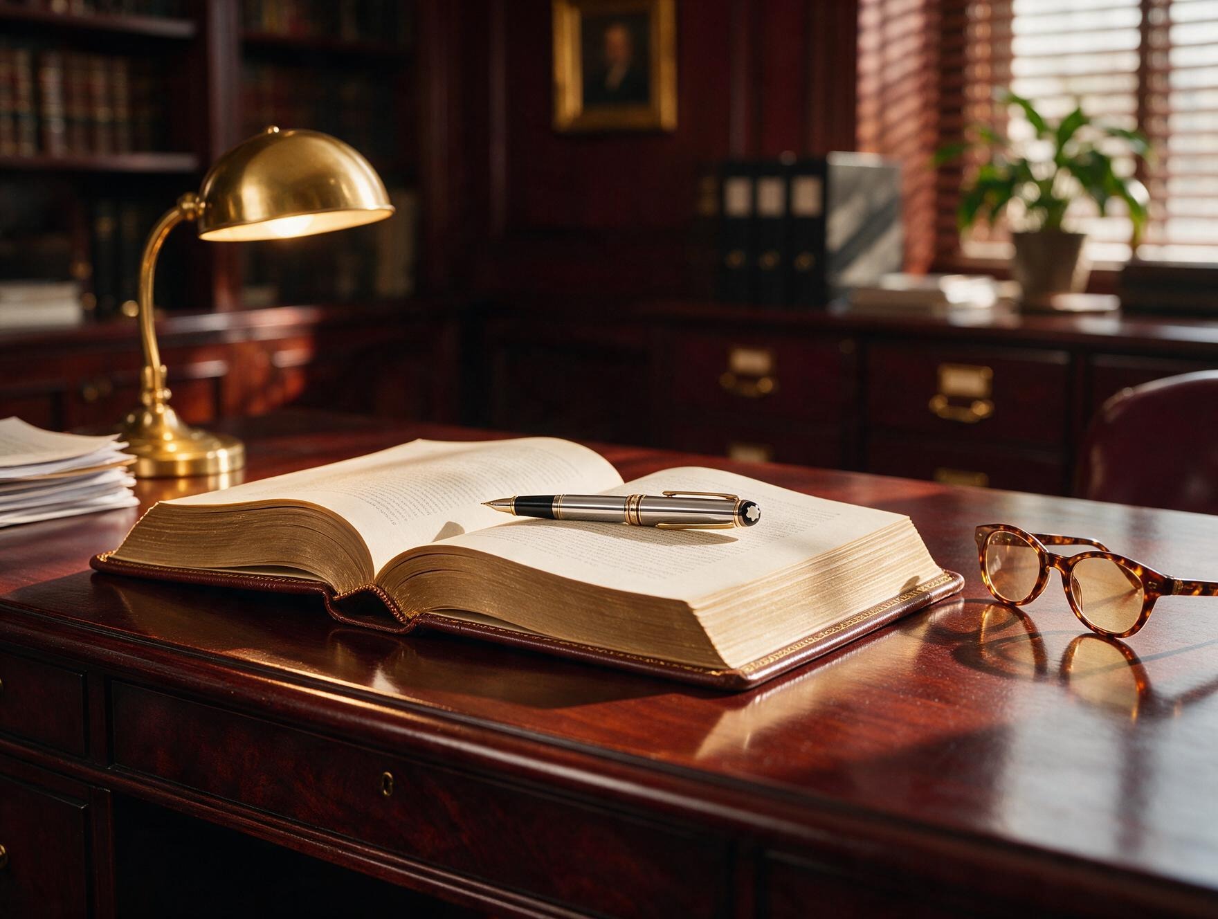 Mesa de despacho con un libro abierto, una pluma y unas gafas: abogados de divorcio en Fuenlabrada