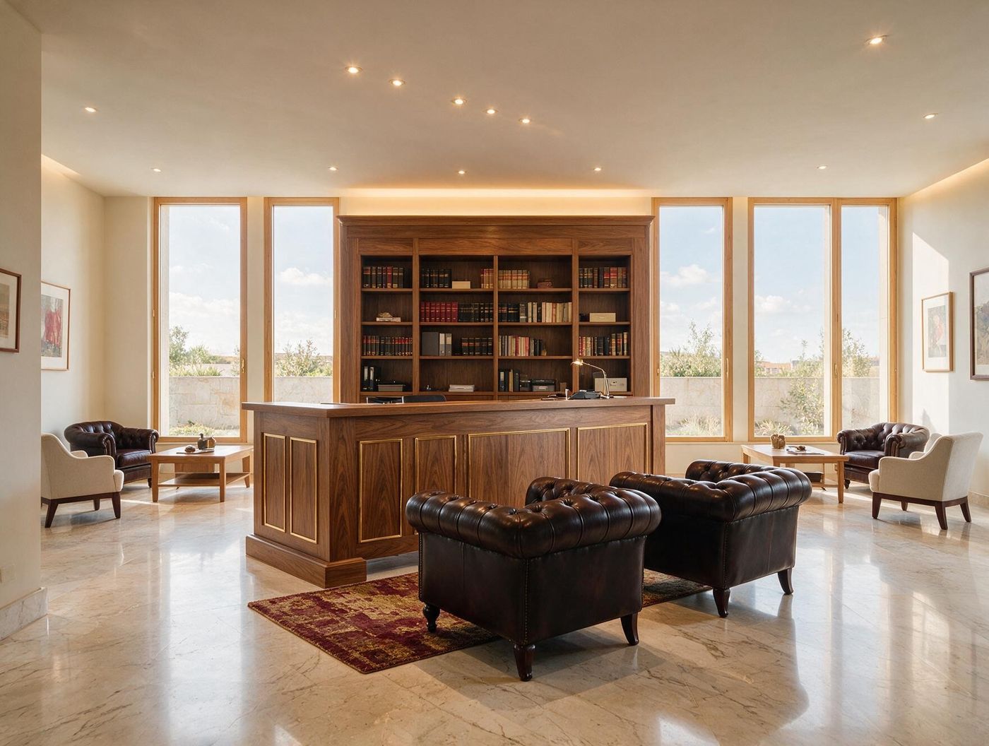 Sala de un despacho de abogados con estanterías de libros, un mostrador de madera y sillones de cuero (imagen ilustrativa)