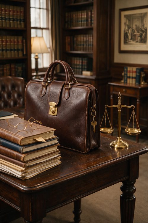 Mesa de abogado con expedientes y balanza de la justicia