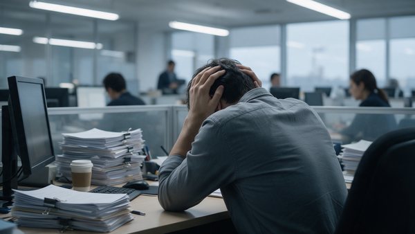 Trabajador agobiado en su puesto de oficina: acoso laboral