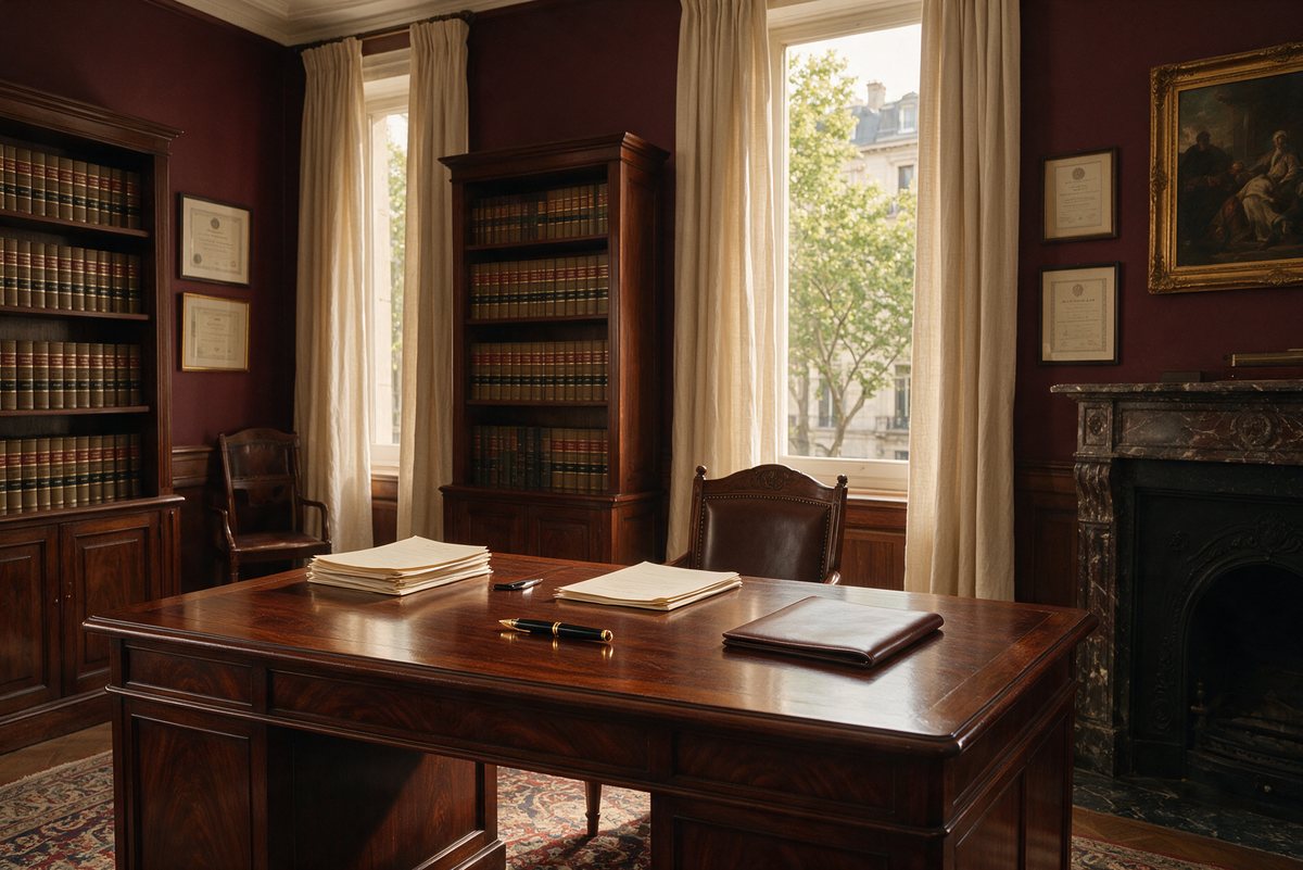 Despacho de abogados con estanterías de libros de derecho