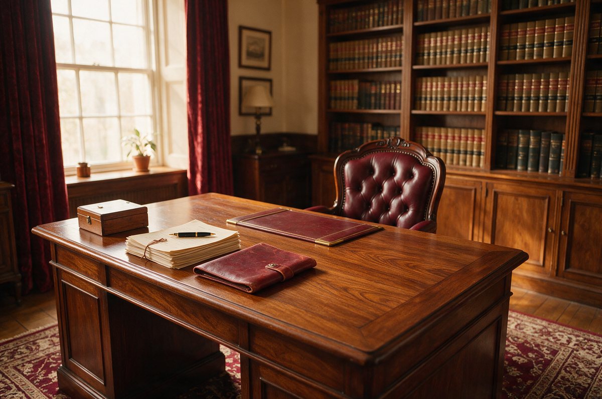 Mesa de trabajo en un despacho de abogados con expedientes