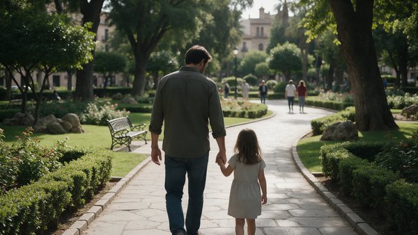 Padre e hija paseando de la mano: custodia de los hijos
