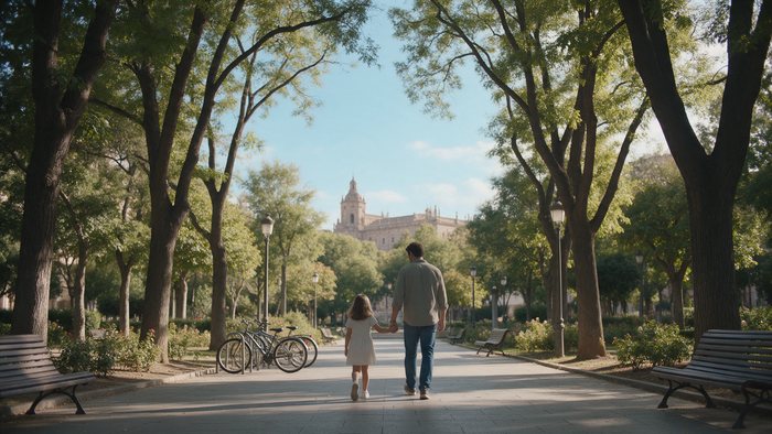 Padre e hija paseando por un parque: derecho de familia
